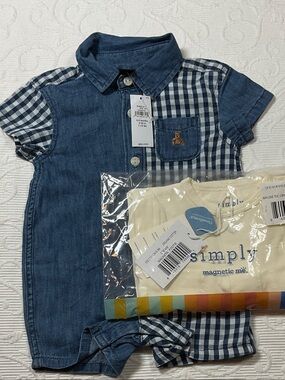 Magnetic Me Blue Denim & Navy Gingham Baby Footie